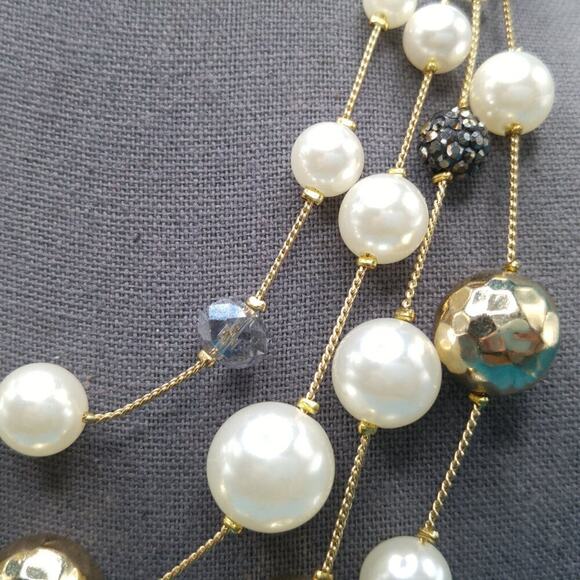 Chico's Faux Pearl Necklace, Four Strands, Gold Silver Rhinestone Beads, 20 Inch - Picture 4 of 8